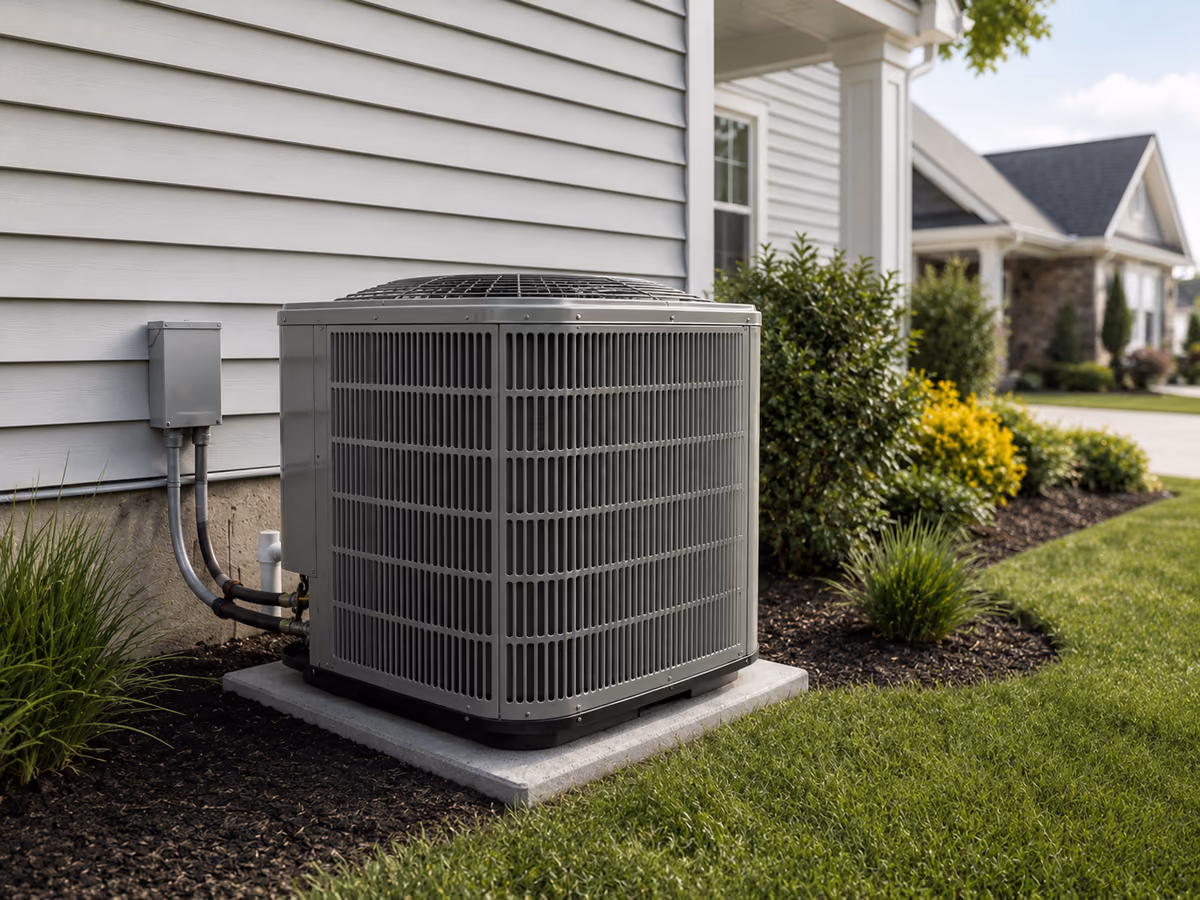 A central air conditioner condenser outdoors beside a typical American house on a summer day.