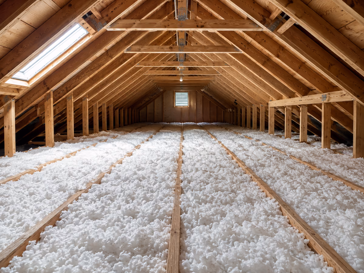 Blown-in insulation installed across the floor of a typical American attic.