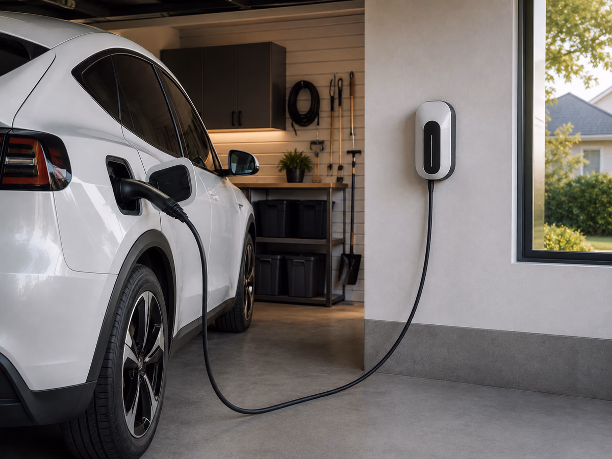 An electric vehicle charging from a wall-mounted home charger in a garage.