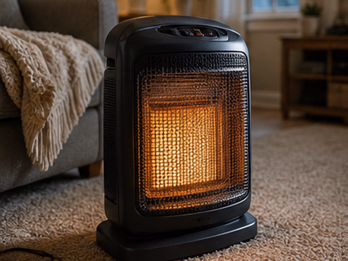 A portable electric space heater running in a small home room or office.
