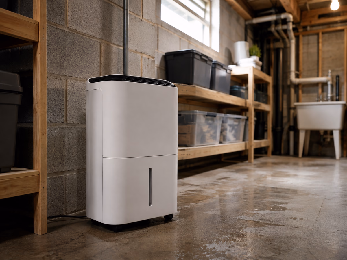 A portable dehumidifier operating in a home basement or utility area.