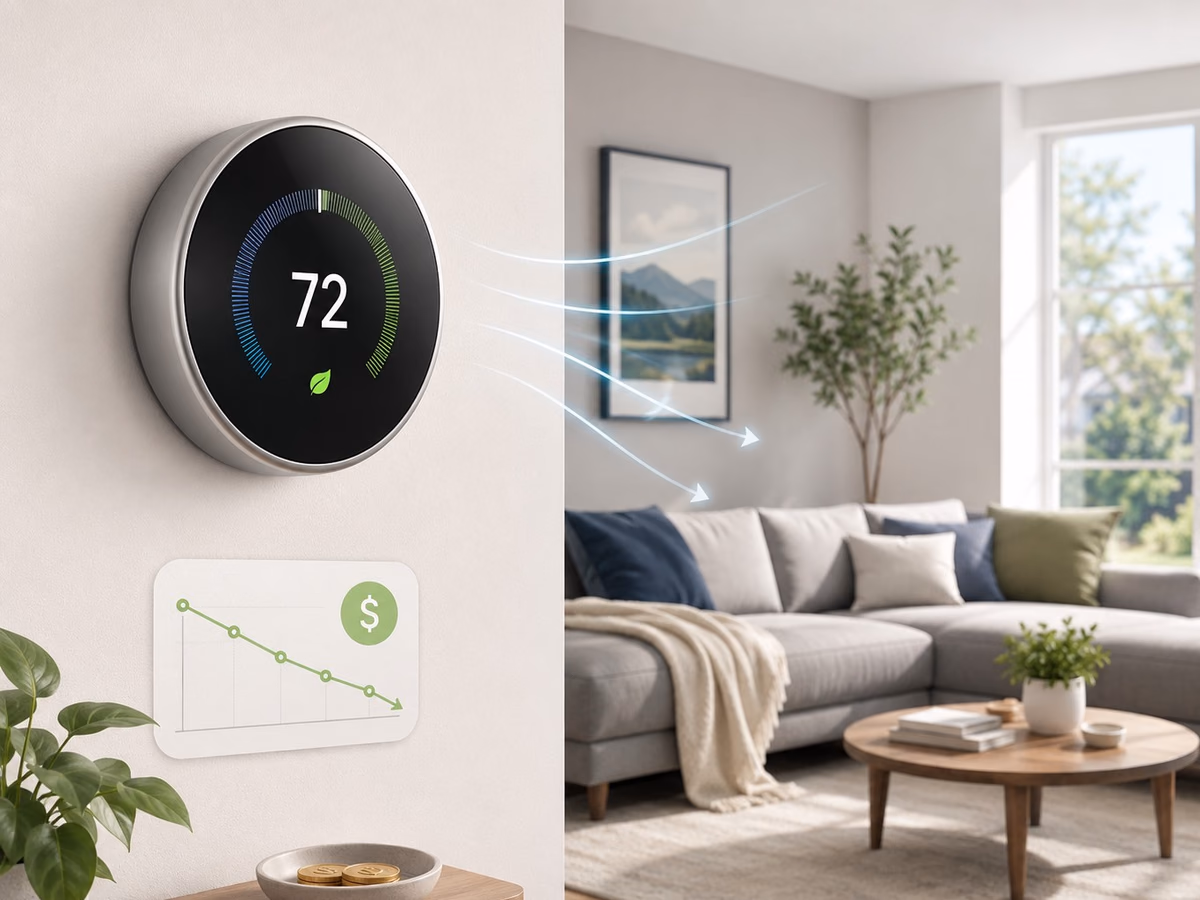 A smart thermostat in a normal living room with one subtle visual cue for lower energy use.