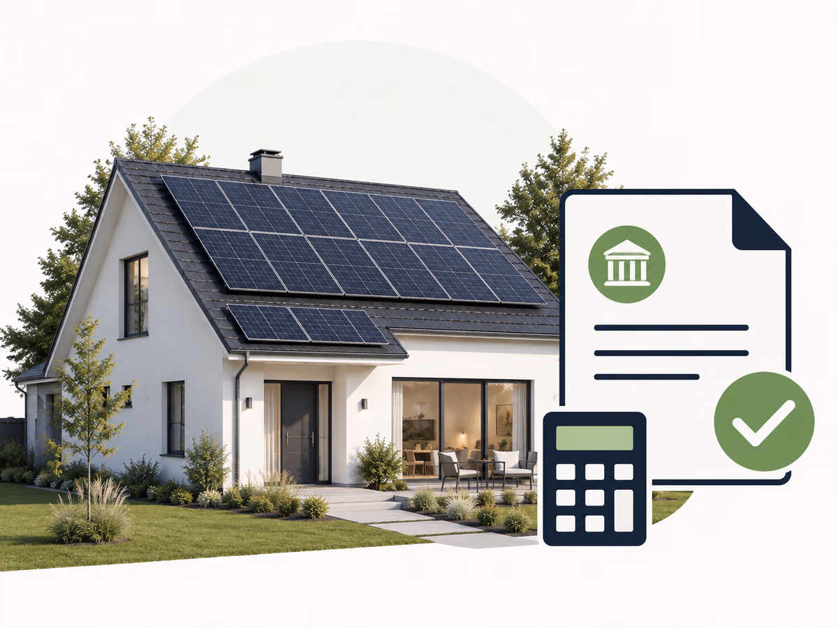 A home with rooftop solar panels beside a simple tax-credit document symbol.
