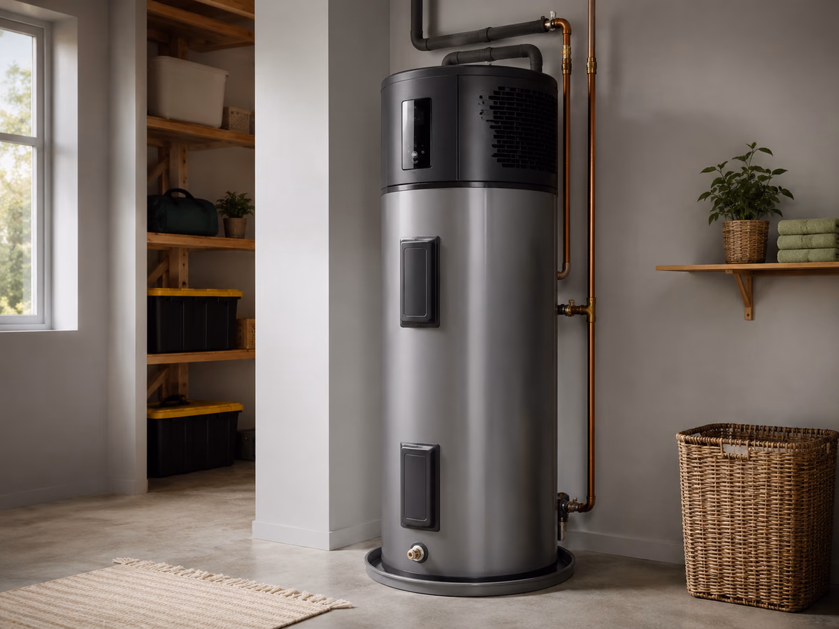 A heat pump water heater installed in a typical home utility room.