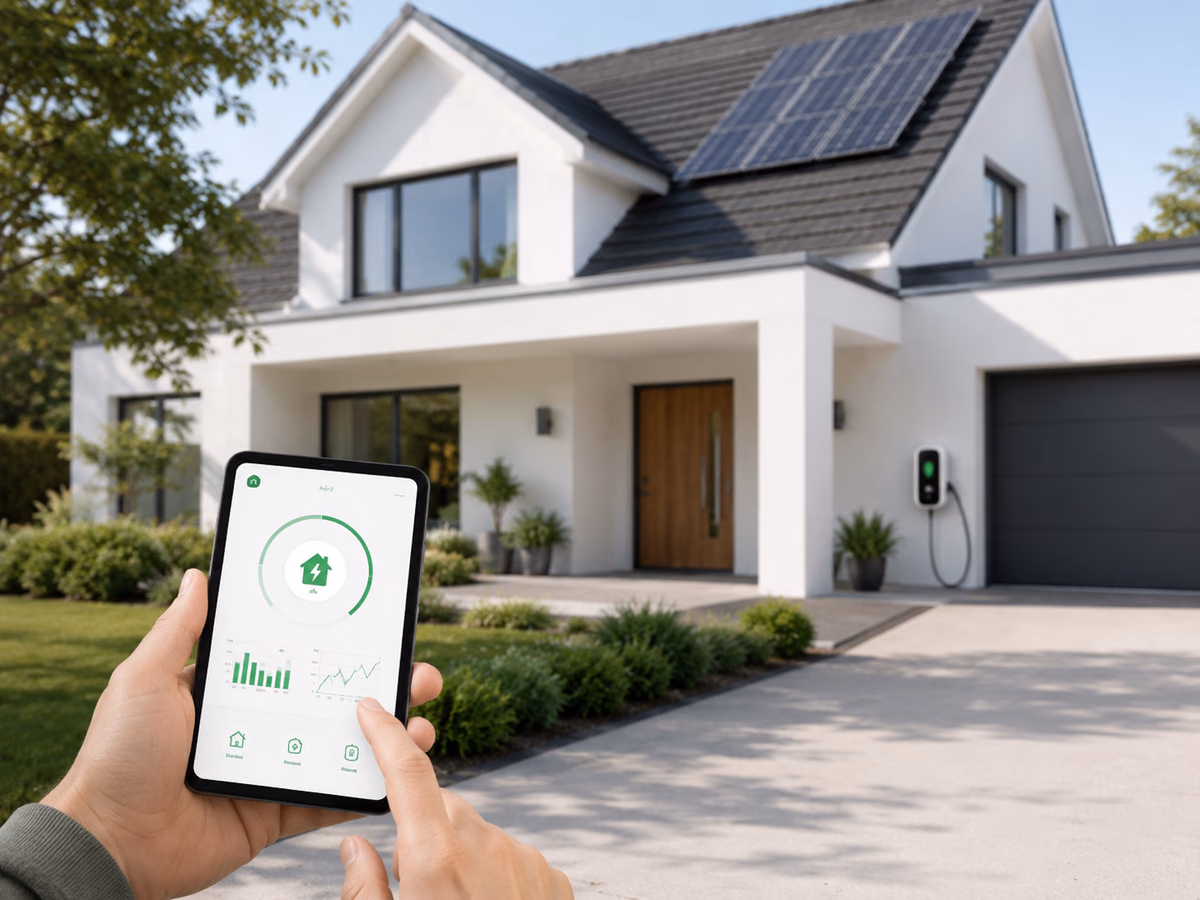 Home energy monitoring shown on a handheld display in front of a typical American house.
