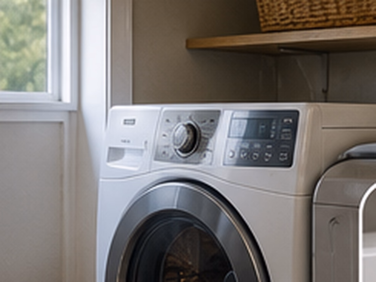 A clothes dryer in a typical American home laundry room.