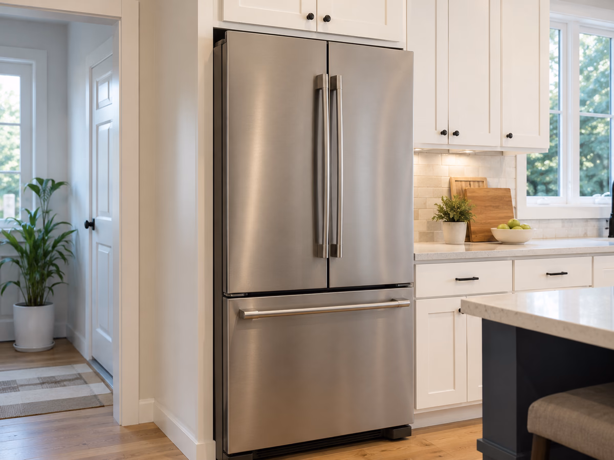 A refrigerator with its doors closed in a typical home kitchen.