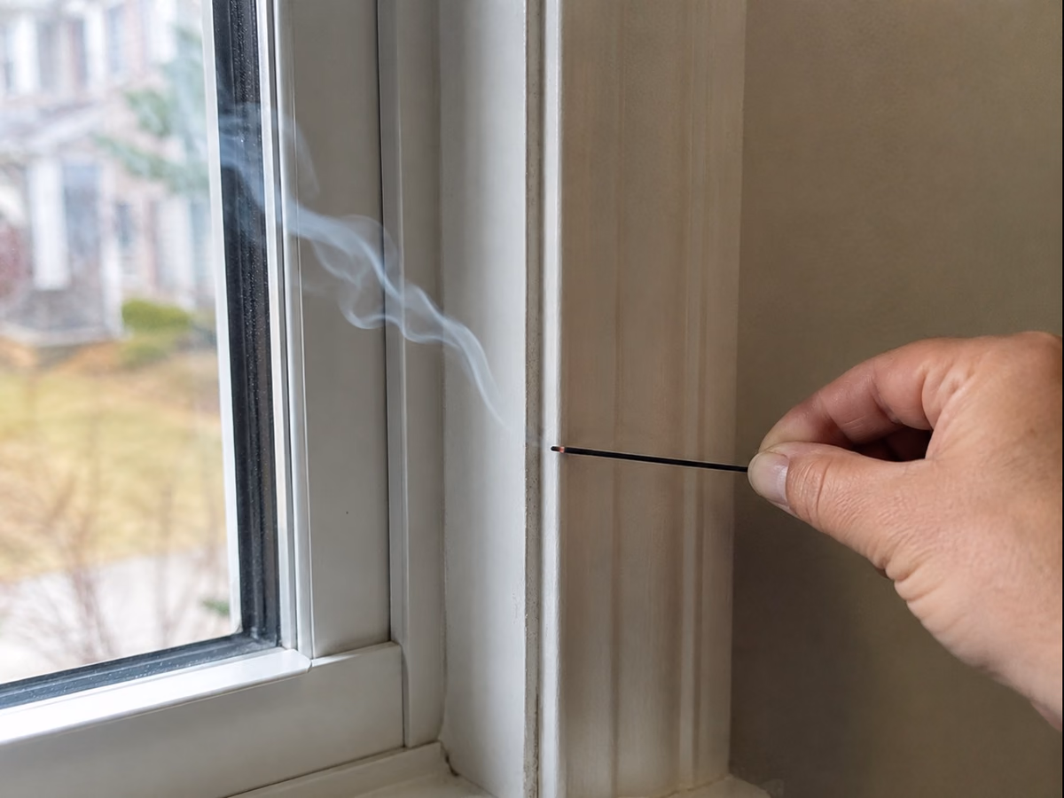 House or window detail clearly showing common air-leak points and how they are detected or sealed.