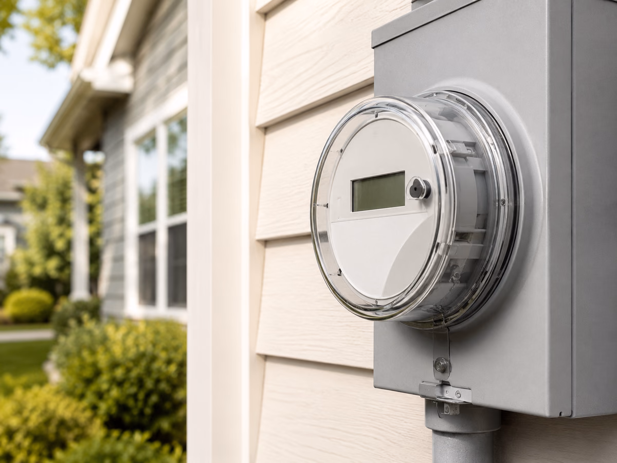 Close-up of a residential electric utility meter mounted on an exterior wall.