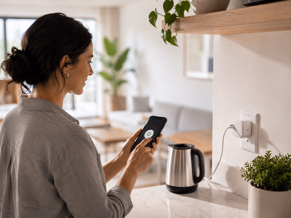 A smart plug connected between a wall outlet and a small household appliance while being controlled by phone.