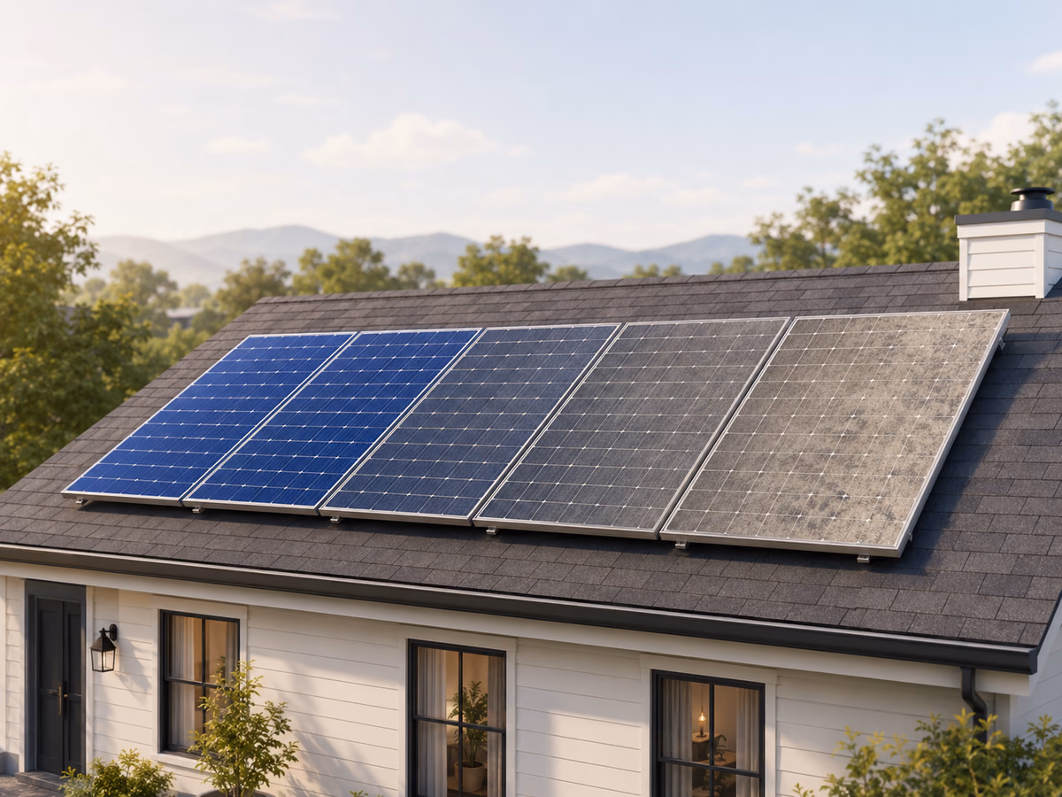 Rooftop solar panels with a subtle visual progression suggesting aging over time.