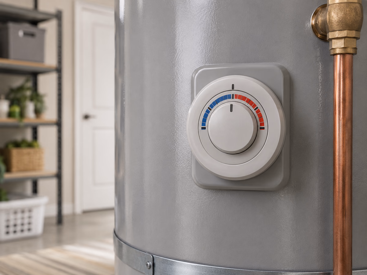 Close-up of the temperature control dial on a residential water heater.