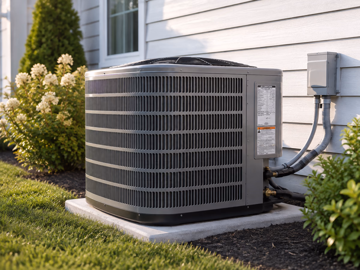 Outdoor central air conditioner condenser with its equipment rating label visible.