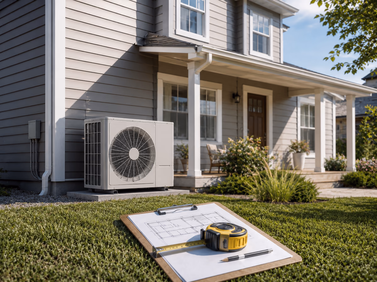 Outdoor heat pump beside a typical American house with a floor plan and measuring tape for system sizing.