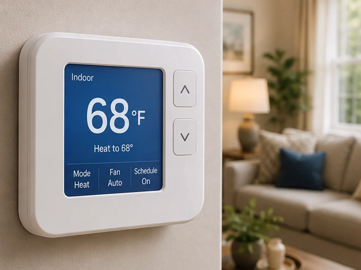 Digital thermostat display showing a 68°F heating setting on a wall in a living room.