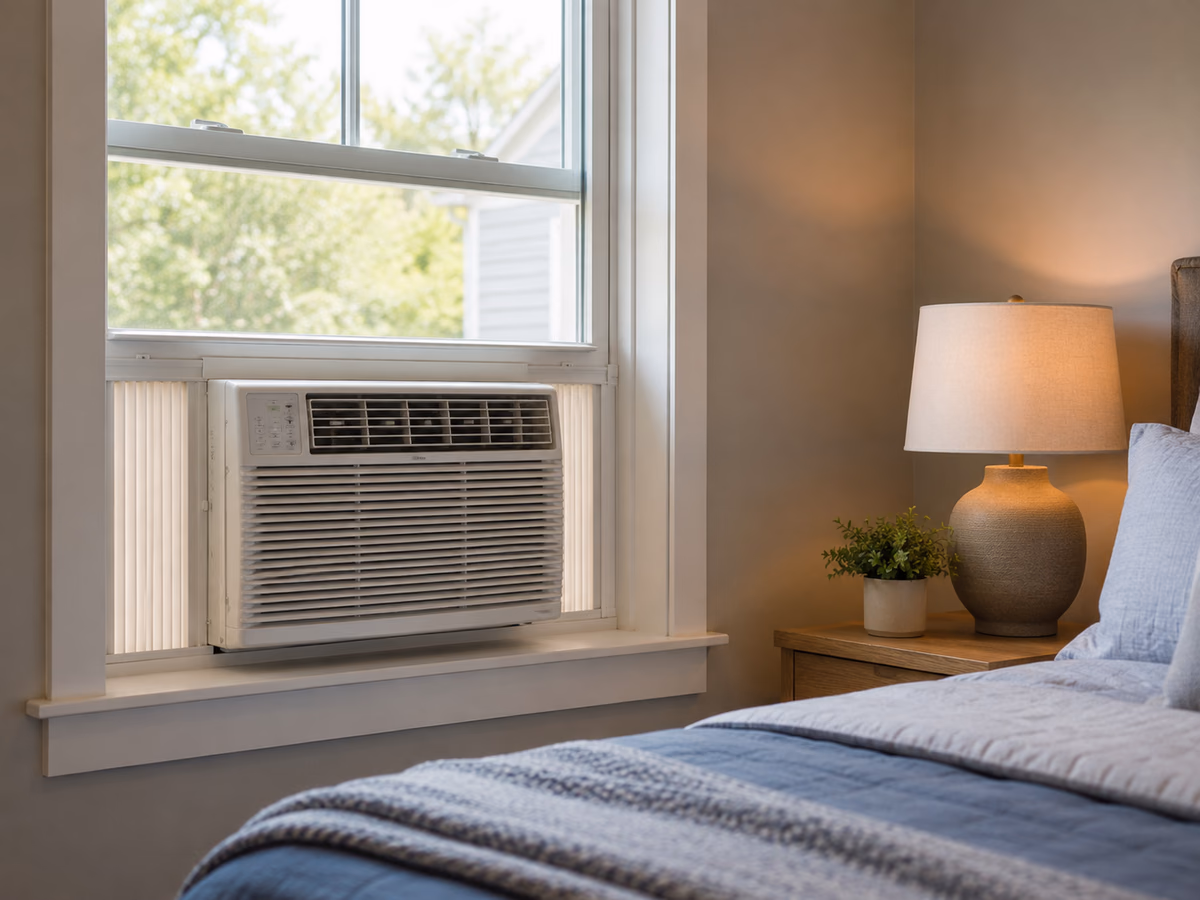 A window air conditioner installed in a bedroom window.