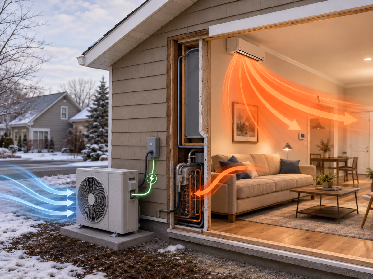 Cutaway of a house in winter: an outdoor heat pump takes in cold air, runs on electricity, and delivers warm air to the room inside.