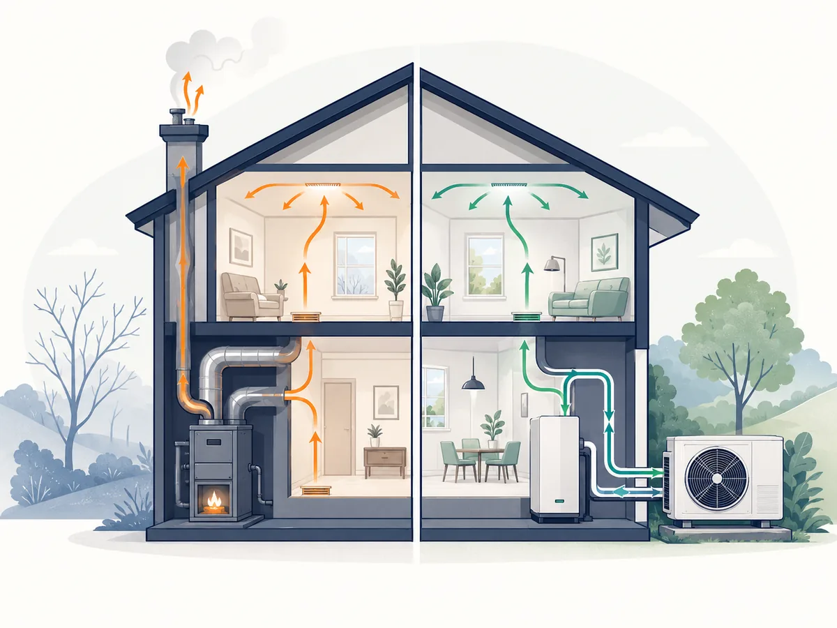 Side-by-side cutaway comparing heat flow from a furnace and a heat pump.