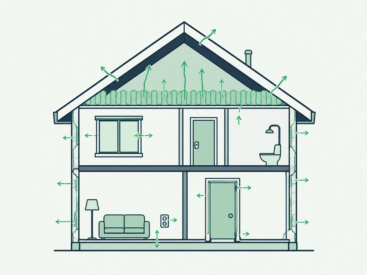 House cutaway showing air and heat escaping through the attic, walls, windows, doors and outlets.