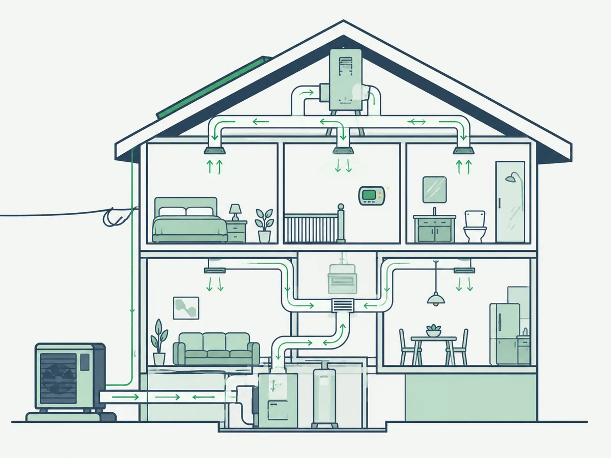 House cutaway showing an outdoor HVAC unit, air handler, ducts, supply vents and thermostat.