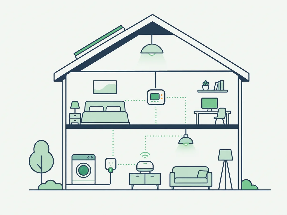 House cutaway showing a thermostat, smart plug, lighting and connected home devices.
