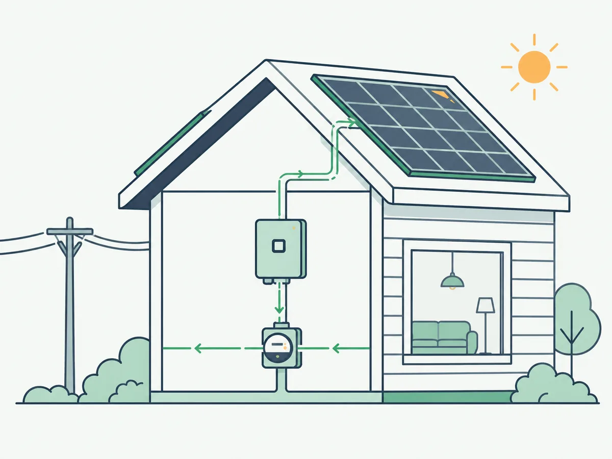 Home solar system showing rooftop panels, inverter, utility meter and grid connection.