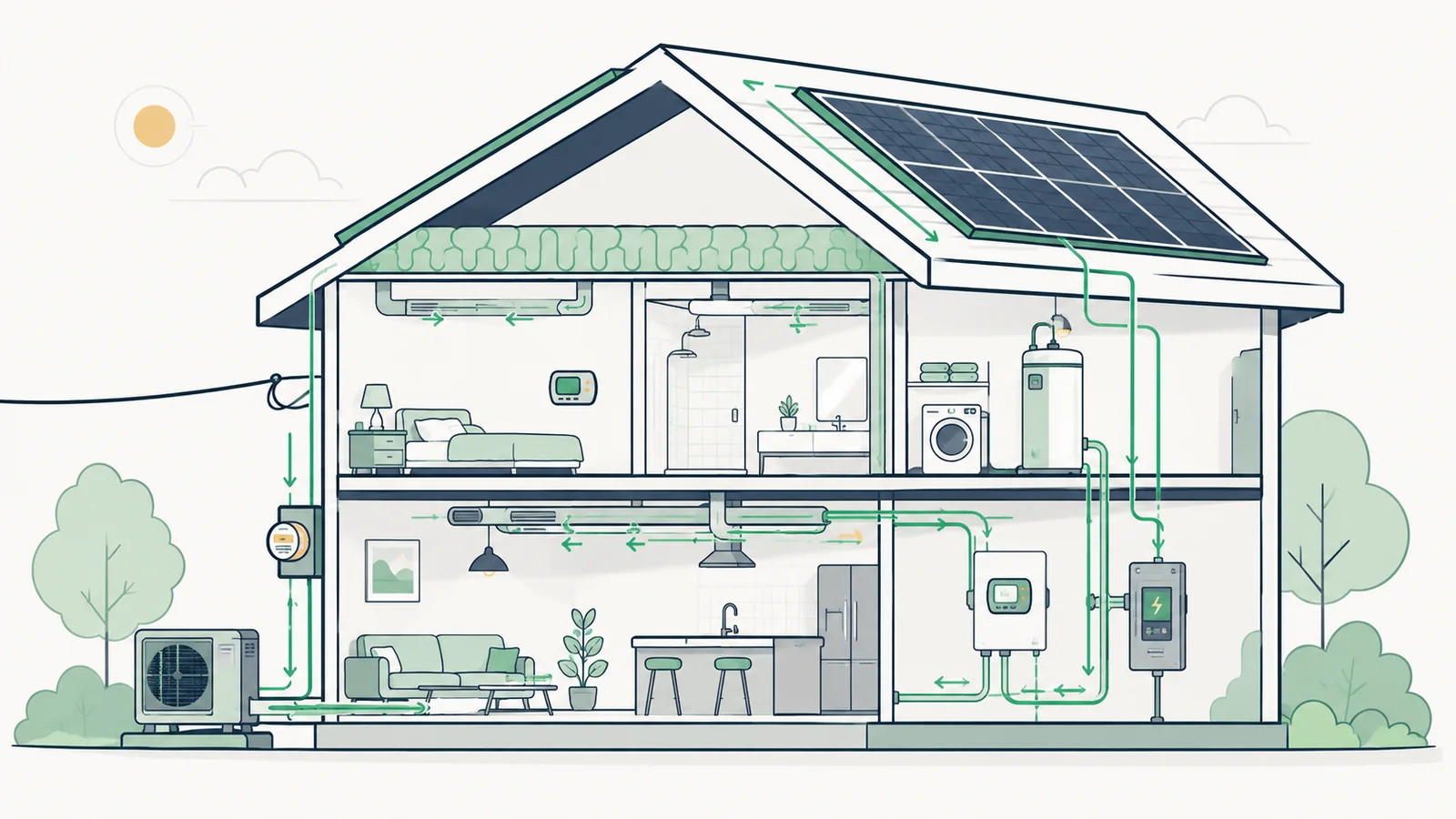 Cutaway illustration of an American home showing rooftop solar, attic insulation, heating and cooling equipment, ductwork and electricity flow.